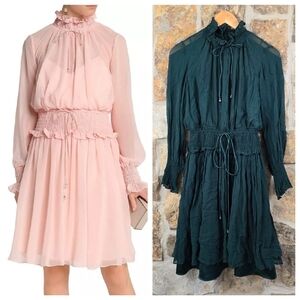 Mikael Aghal Silk Smocked Mock Neck Mini Dress